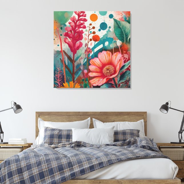 Vibrant Floral Acrylic Artwork Colourful Botanical Canvas Print (Insitu(Bedroom))