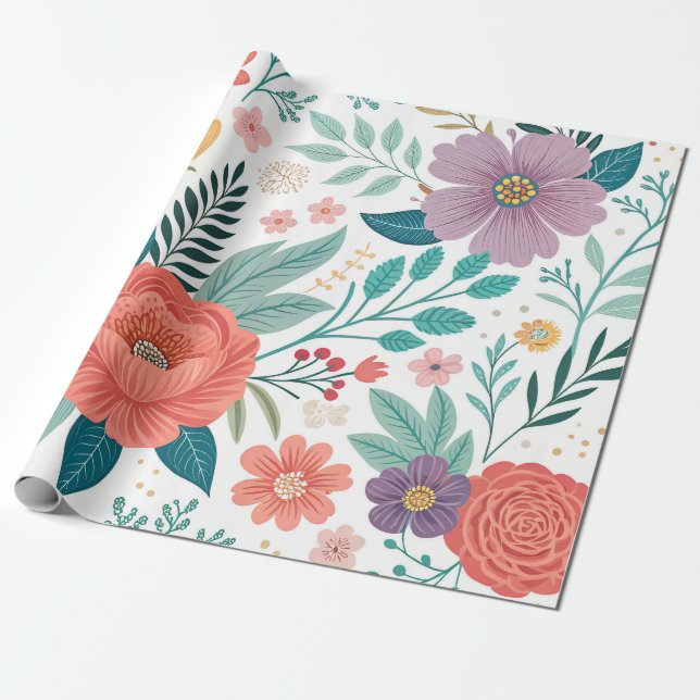 Vibrant Floral All-Over Print Pattern Wrapping Paper (Unrolled)