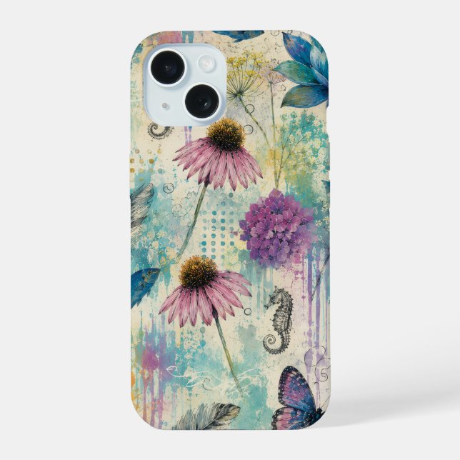 Vibrant Floral Aquatic Dream iPhone 15 Case (Back)
