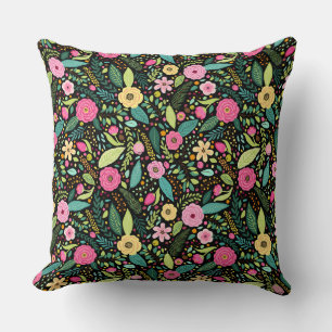 Vibrant Floral Black Pink Yellow Pattern Cushion