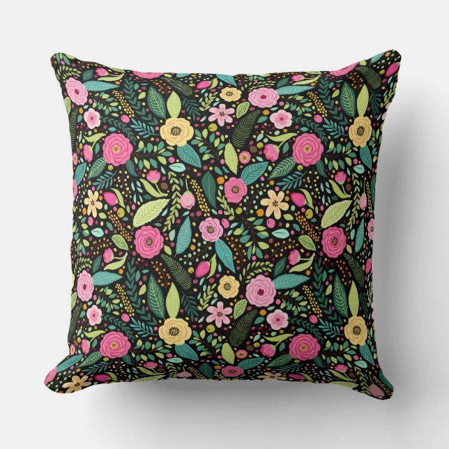 Vibrant Floral Black Pink Yellow Pattern Cushion (Front)