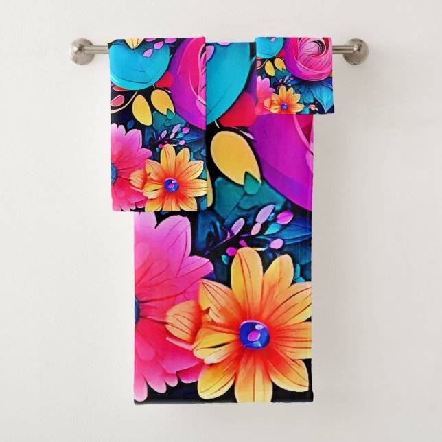Vibrant Floral Bliss Art Bath Towel Set (Insitu)