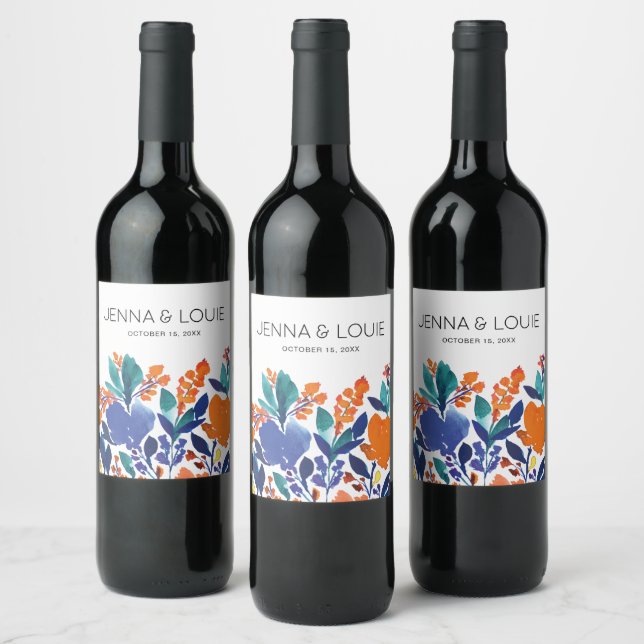 Vibrant Floral Bloom Wedding Wine Label (Bottles)