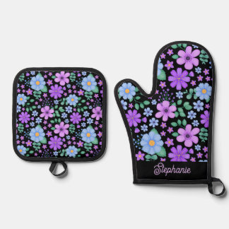 Vibrant Floral Blue Purple Violet Personalised Oven Mitt & Pot Holder Set