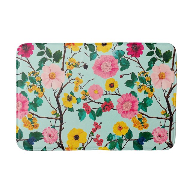 Vibrant Floral Branches Pattern Bath Mat (Front)