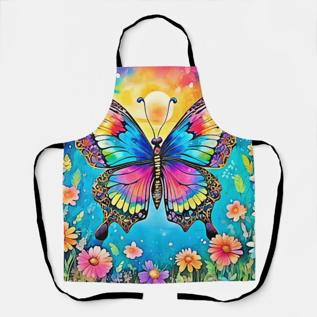 Vibrant Floral Butterfly Glow Design Apron (Front)