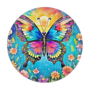Vibrant Floral Butterfly Glow Design Cutting Board