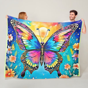 Vibrant Floral Butterfly Glow Design Fleece Blanket
