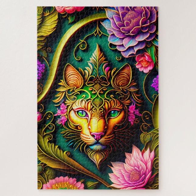 Vibrant Floral Cat Jigsaw Puzzle (Vertical)