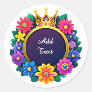 Vibrant Floral Crown Frame With Gold Crown Classic Round Sticker