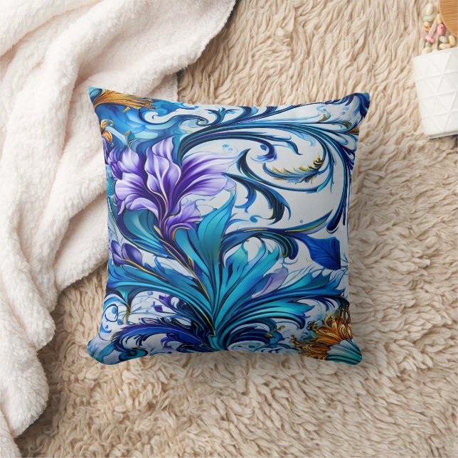 Vibrant Floral Design With Blue and Purple Accents Cushion (Blanket)