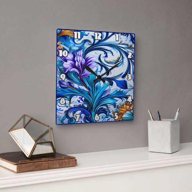 Vibrant Floral Design With Blue and Purple Accents Square Wall Clock (Office)