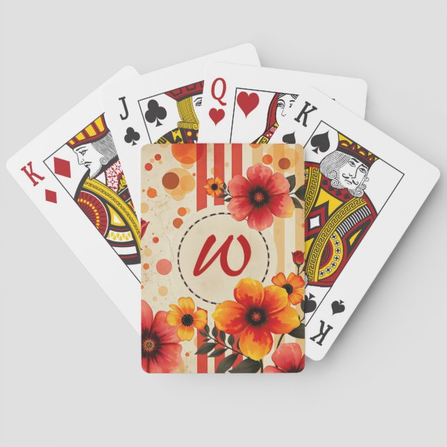 Vibrant Floral Distressed Watercolor Chic Monogram Playing Cards (Back)