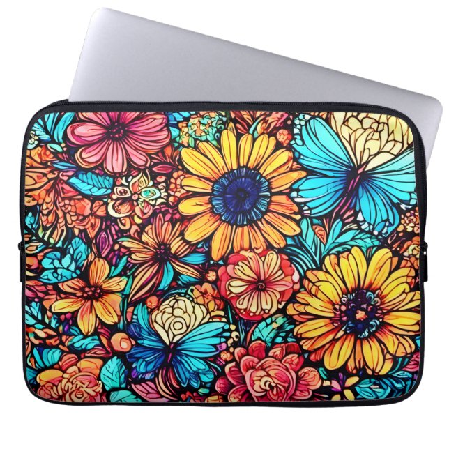 Vibrant Floral Doodle Explosion Laptop Sleeve (Front)