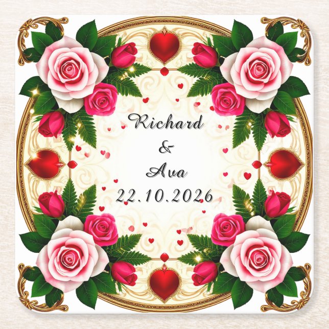Vibrant Floral Frame Design Square Paper Coaster (Front)