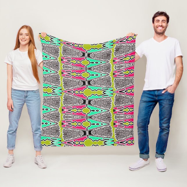 Vibrant Floral Geometric Folk Art Pattern Fleece Blanket (In Situ)