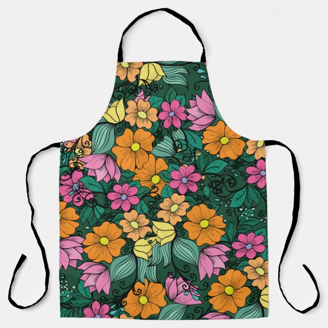 Vibrant Floral: Green Background Vintage. Apron (Front)