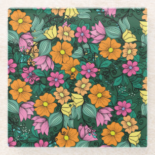 Vibrant Floral: Green Background Vintage. Glass Coaster