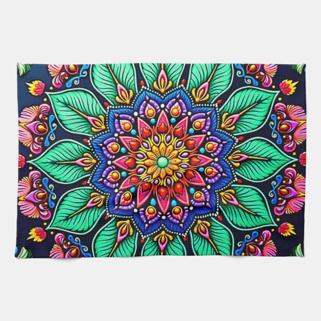 Vibrant Floral Mandala Art Tea Towel (Horizontal)