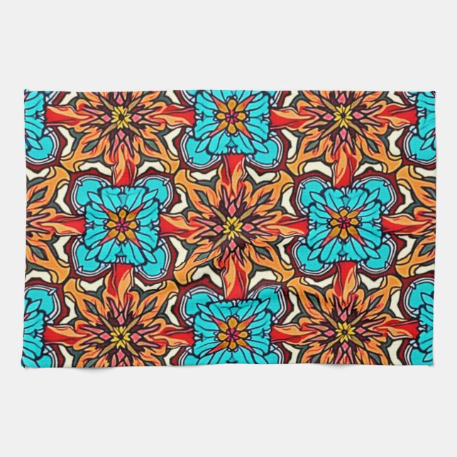 Vibrant Floral Mandala Repeat Art Tea Towel (Horizontal)