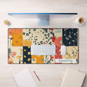 Vibrant Floral Patchwork Quilt in Warm Tones Desk Mat
