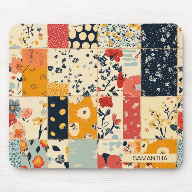 Vibrant Floral Patchwork Quilt in Warm Tones Mouse Pad (Front)