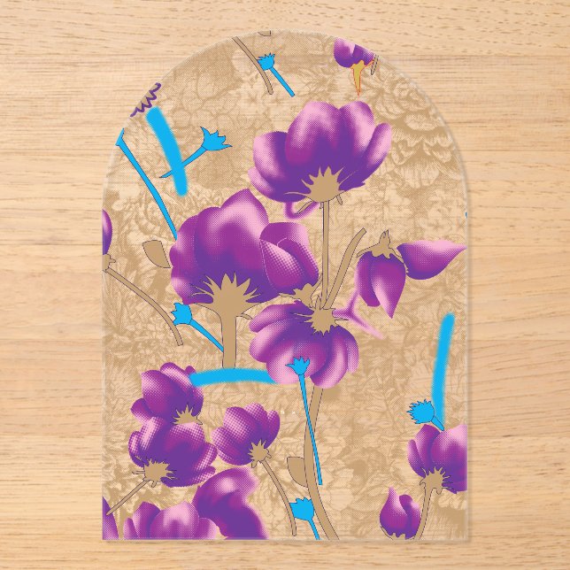 Vibrant floral pattern featuring purple and blue f acrylic invitations (Front)