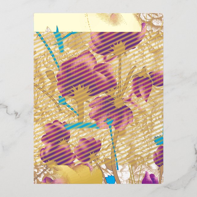 Vibrant floral pattern featuring purple and blue f foil invitation postcard (Front)