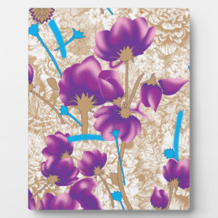 Vibrant floral pattern featuring purple and blue f plaque