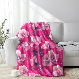 Vibrant Floral Pattern in Pink, White & Royal Blue Fleece Blanket