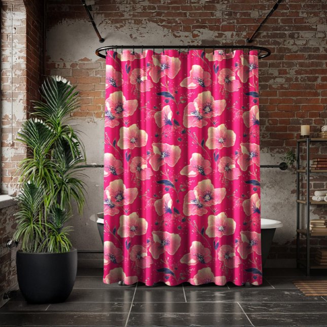 Vibrant Floral Pattern in Pink, White & Royal Blue Shower Curtain (Creator Uploaded)