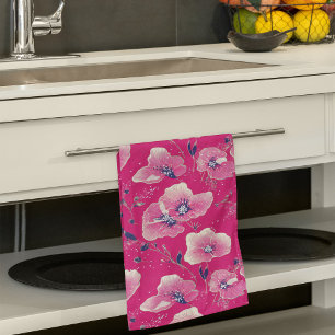 Vibrant Floral Pattern in Pink, White & Royal Blue Tea Towel