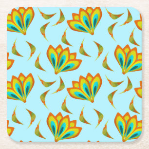 Vibrant floral pattern on light blue background square paper coaster