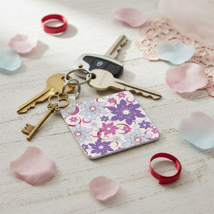 Vibrant Floral Pattern Purple Pink Blue Flowers Key Ring