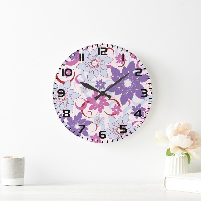 Vibrant Floral Pattern Purple Pink Blue Flowers  Large Clock (Creator Uploaded)