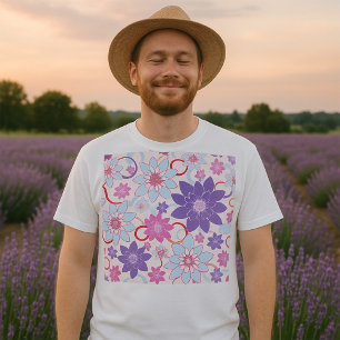 Vibrant Floral Pattern Purple Pink Blue Flowers T-Shirt