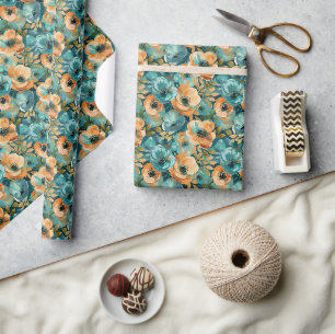 Vibrant Floral Pattern with Bold Teal, Turquoise Wrapping Paper