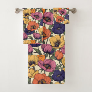 Vibrant Floral Pattern with Colorful Poppies Bath Towel Set