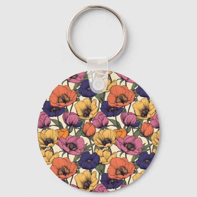 Vibrant Floral Pattern with Colorful Poppies Key Ring (Front)