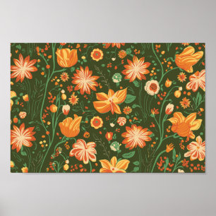 Vibrant Floral Pattern with Orange & Yellow Blooms Poster