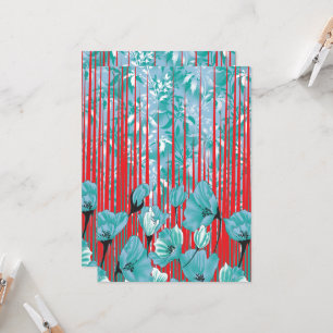 Vibrant floral pattern with turquoise flowers, red invitation
