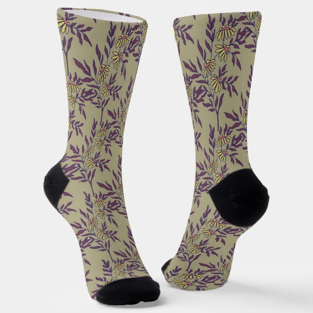 Vibrant Floral Pattern with Yellow Daisies  Socks (Angled)