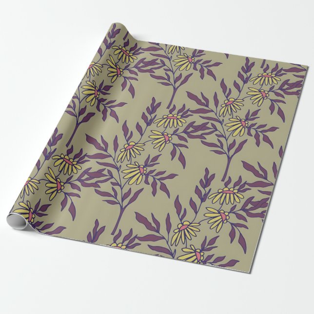 Vibrant Floral Pattern with Yellow Daisies  Wrapping Paper (Unrolled)