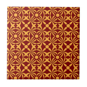 Vibrant Floral Pattern: Yellow Shapes on Red Back Tile