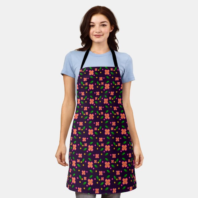 Vibrant Floral Seamless Pattern on deep purple Apron (Worn)