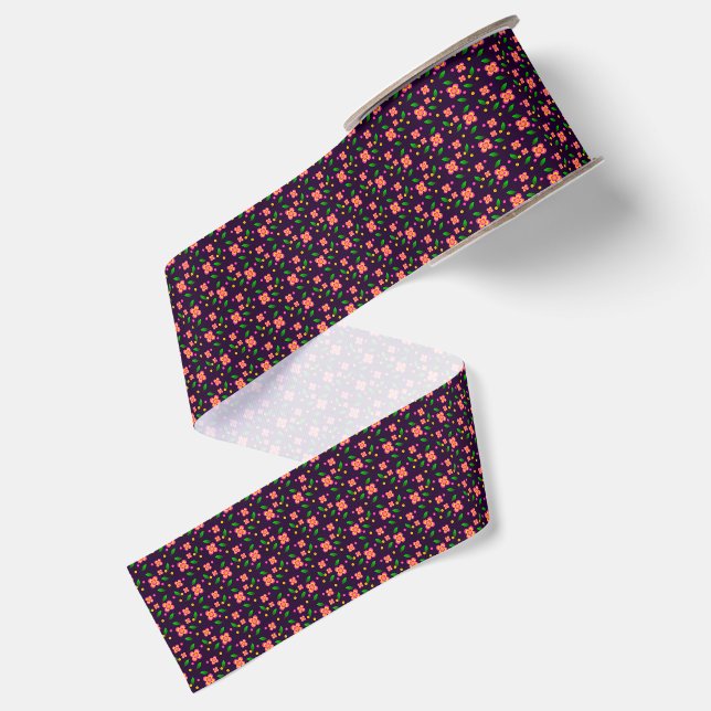 Vibrant Floral Seamless Pattern on deep purple Grosgrain Ribbon (Front+Back)