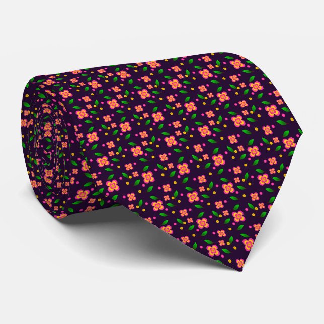 Vibrant Floral Seamless Pattern on deep purple Tie (Rolled)