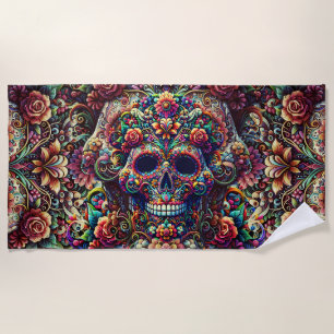 Vibrant Floral Super Sugar Skull Beach Towel