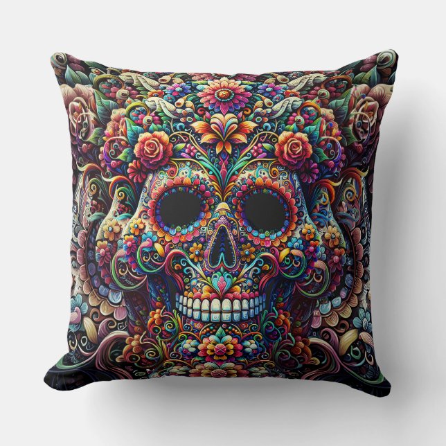 Vibrant Floral Super Sugar Skull Cushion (Front)