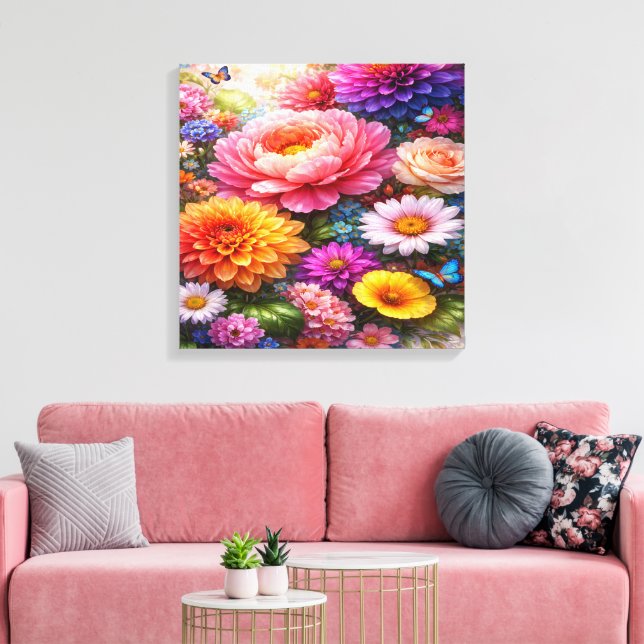 Vibrant Floral Symphony with Butterflies Canvas Print (Insitu(LivingRoom))